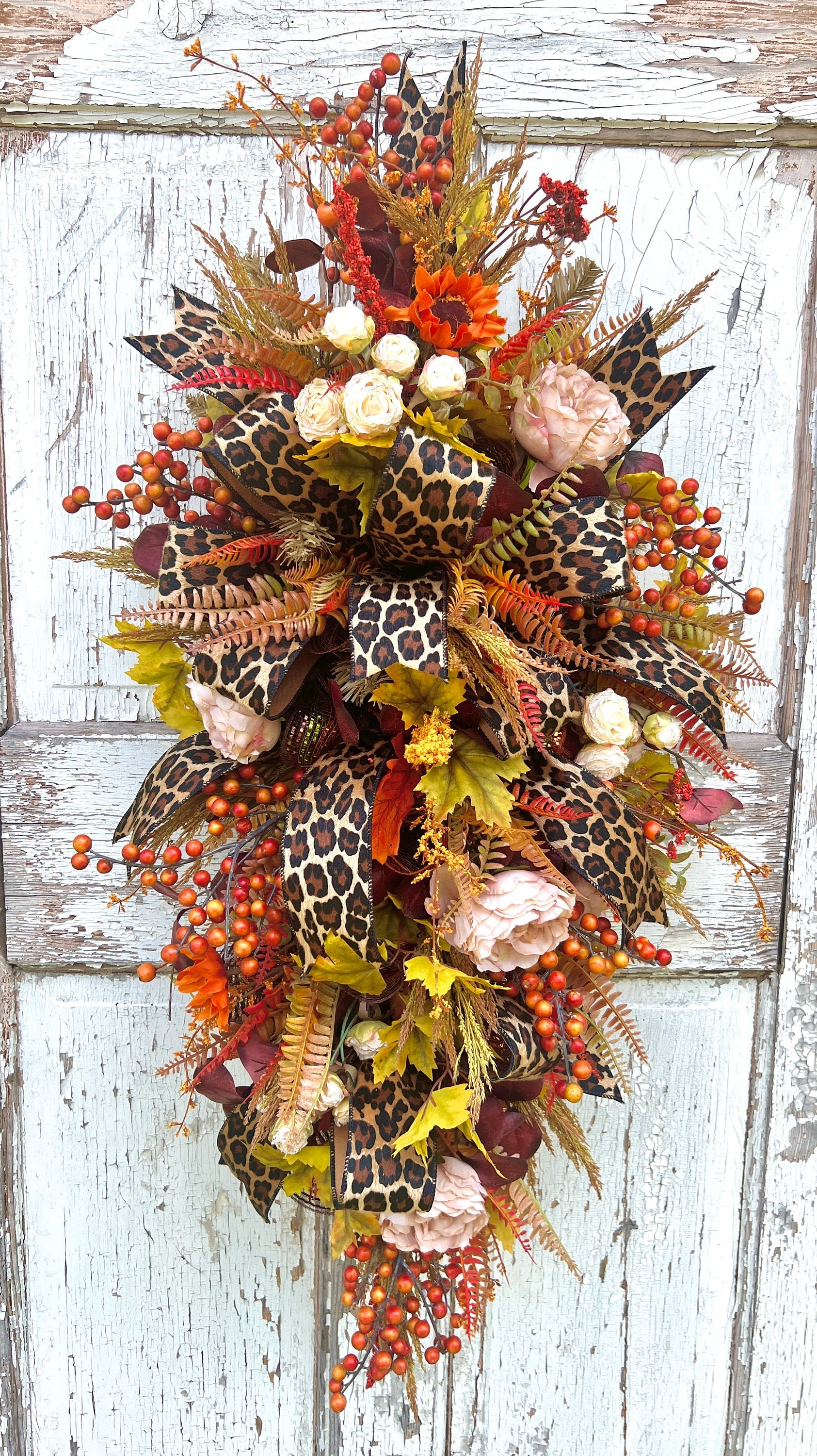 Handmade Fall Swag Wreath with Leopard Print Ribbon, Autumn Door Decor, Rustic Harvest Swag, Thanksgiving Front Door Wreath, Home Decor,