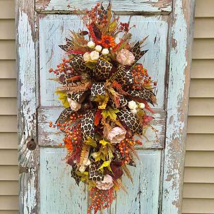 Handmade Fall Swag Wreath with Leopard Print Ribbon, Autumn Door Decor, Rustic Harvest Swag, Thanksgiving Front Door Wreath, Home Decor,