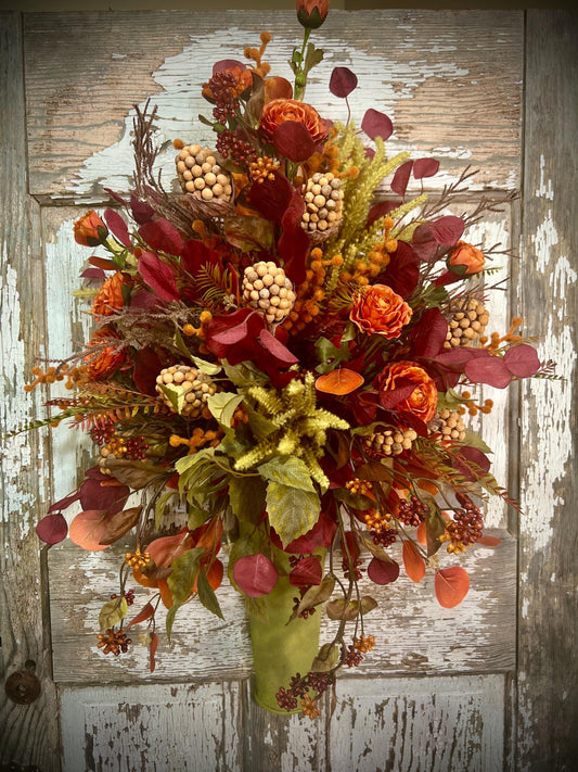 Fall Silk Floral Wall Arrangement, Autumn Door Basket For Fall, Rustic Farmhouse Door Basket, Autumn Home Decor, Fall Home Decor,