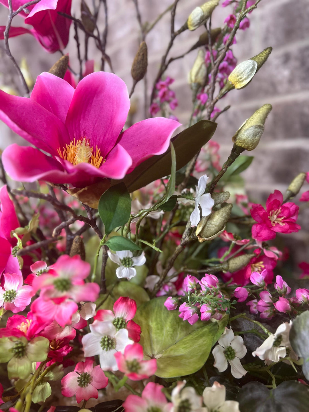 Lovely Dough Bowl Arrangement - Peonies and Magnolias and Berries - Nature Inspired beauty with vibrant Pink foliage for your home decor.