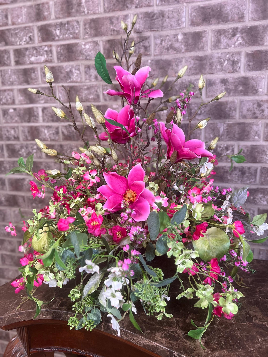 Lovely Dough Bowl Arrangement - Peonies and Magnolias and Berries - Nature Inspired beauty with vibrant Pink foliage for your home decor.