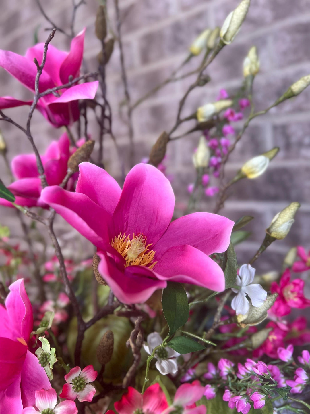 Lovely Dough Bowl Arrangement - Peonies and Magnolias and Berries - Nature Inspired beauty with vibrant Pink foliage for your home decor.