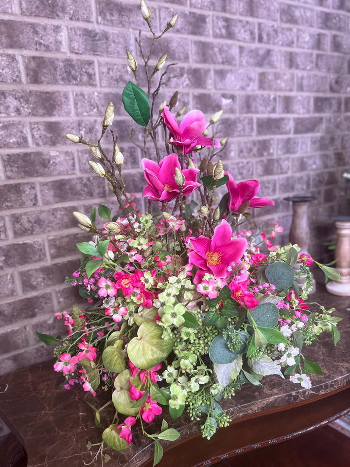 Lovely Dough Bowl Arrangement - Peonies and Magnolias and Berries - Nature Inspired beauty with vibrant Pink foliage for your home decor.