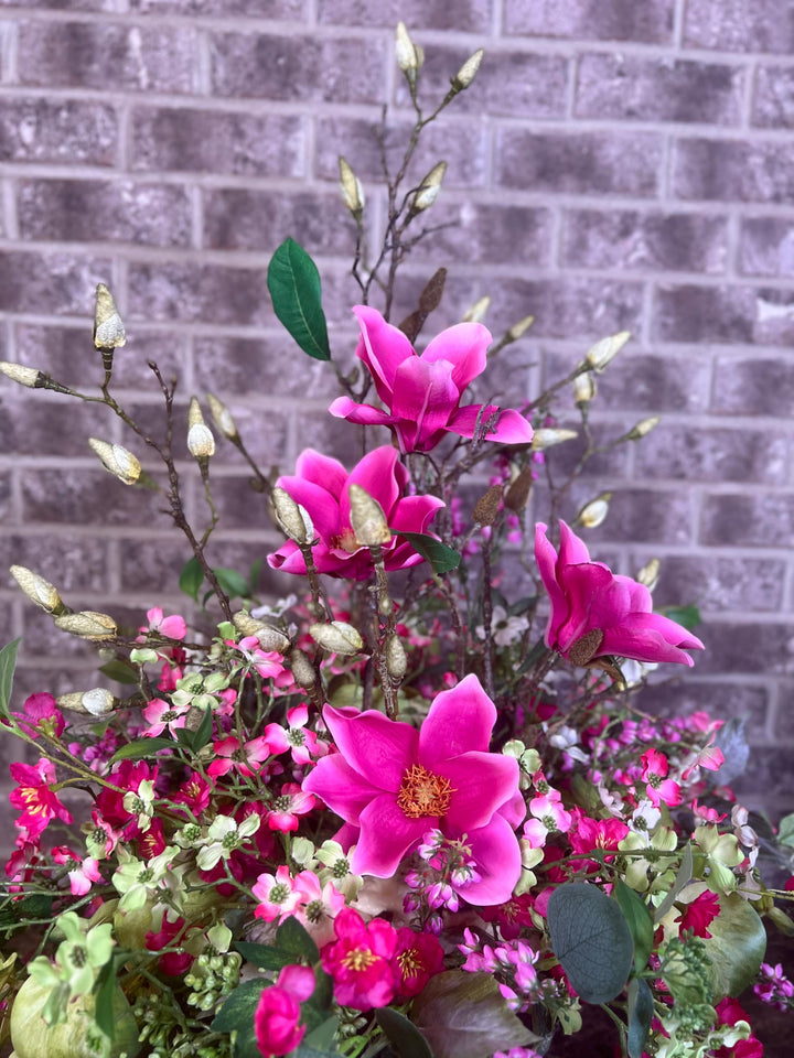 Lovely Dough Bowl Arrangement - Peonies and Magnolias and Berries - Nature Inspired beauty with vibrant Pink foliage for your home decor.