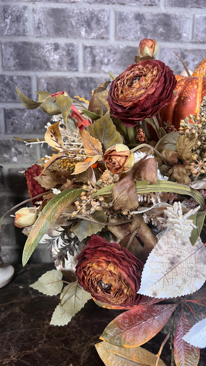 Fall Dried Ranunculus Pumpkin Arrangement - Speckled Arailia Leaf with White pumpkin - Lush Fall Foliage with wheat and pearl cream pumpkin.