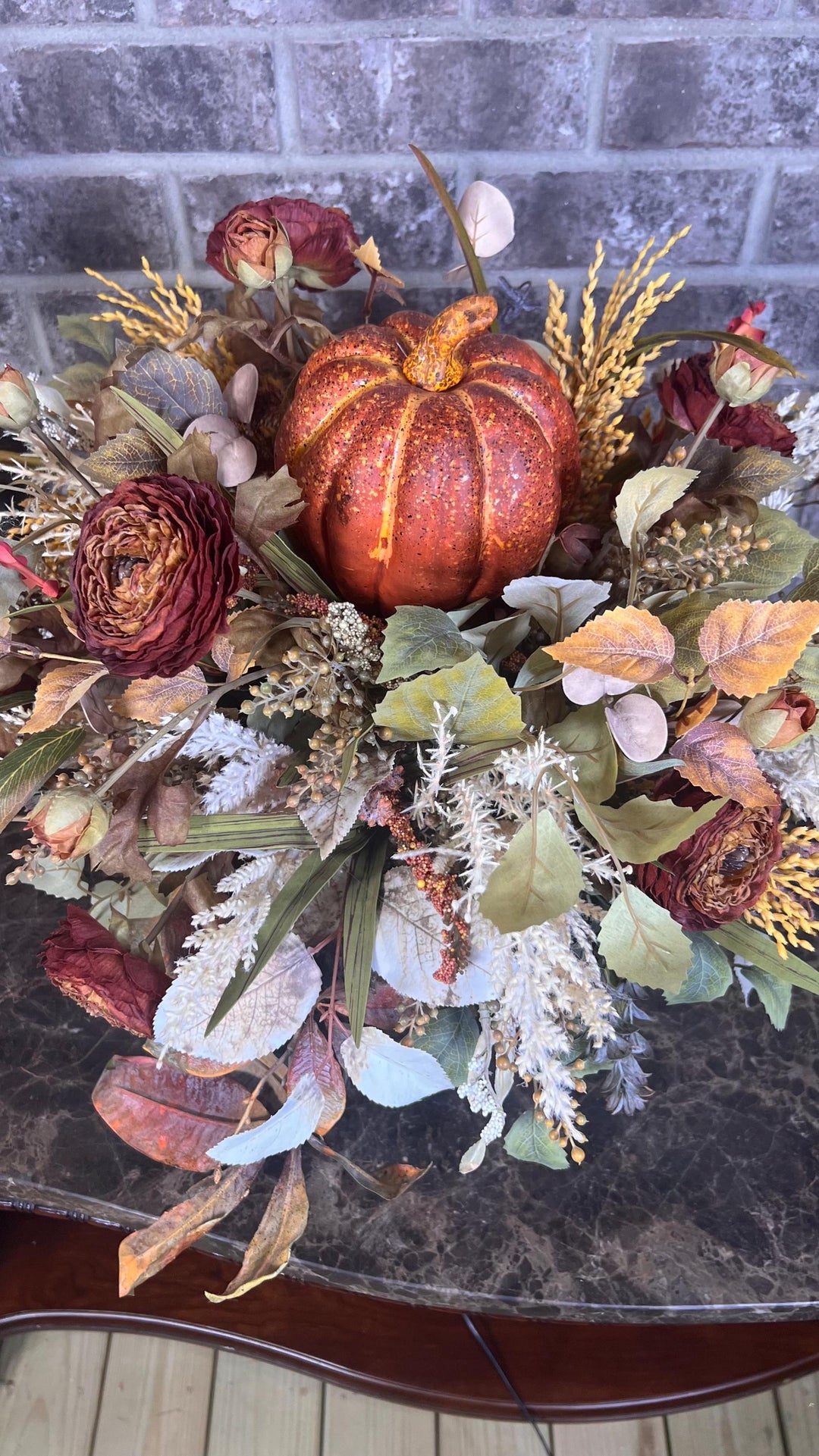 Fall Dried Ranunculus Pumpkin Arrangement - Speckled Arailia Leaf with White pumpkin - Lush Fall Foliage with wheat and pearl cream pumpkin.