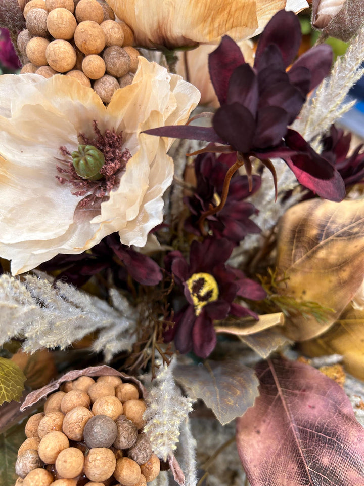 Wooven Farmhouse Basket Fall Arrangement -Heather, pods, Beech leaves, Maple leaves, taupe poppies, burgundy floral foliage and much more.
