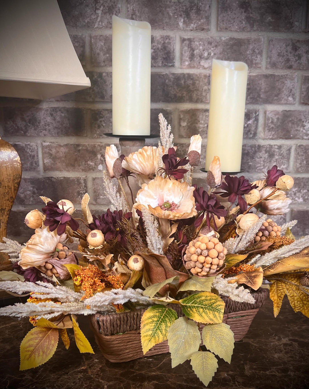 Wooven Farmhouse Basket Fall Arrangement -Heather, pods, Beech leaves, Maple leaves, taupe poppies, burgundy floral foliage and much more.
