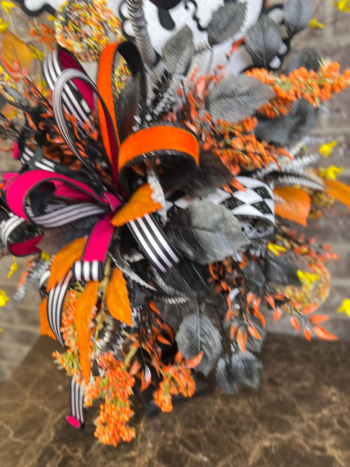 Halloween Whimsical Ghost Arrangement - Halloween Decor - Ghost Centerpiece with on Candlestick arrangement - Halloween festive Ribbons