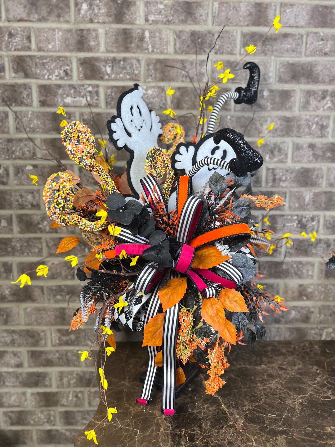 Halloween Whimsical Ghost Arrangement - Halloween Decor - Ghost Centerpiece with on Candlestick arrangement - Halloween festive Ribbons