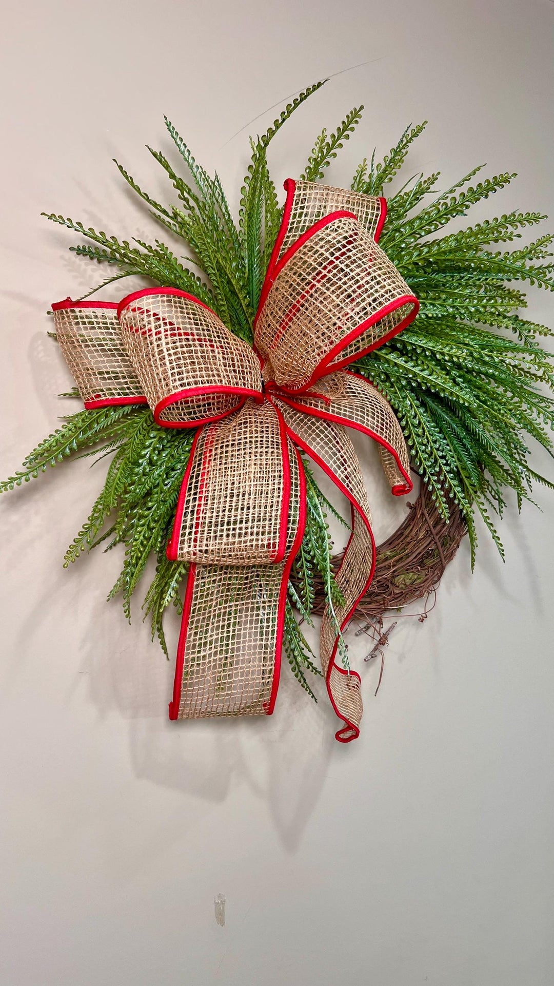 Beaded Grass Christmas Wreath with Open Weave Burlap Bow with Red Fabric Edging. Simplicity at it’s best for the holidays! Farmhouse Decor