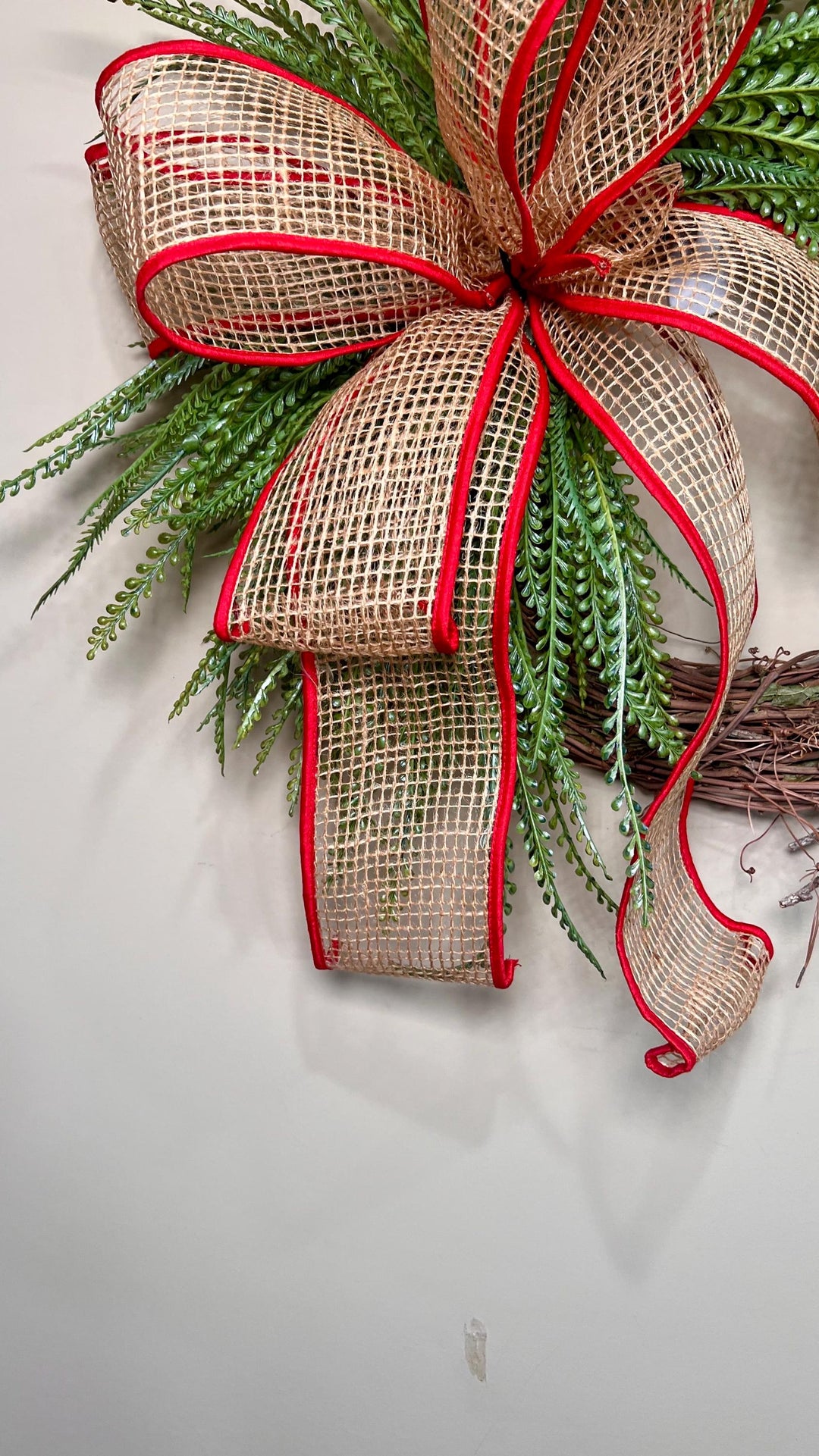 Beaded Grass Christmas Wreath with Open Weave Burlap Bow with Red Fabric Edging. Simplicity at it’s best for the holidays! Farmhouse Decor