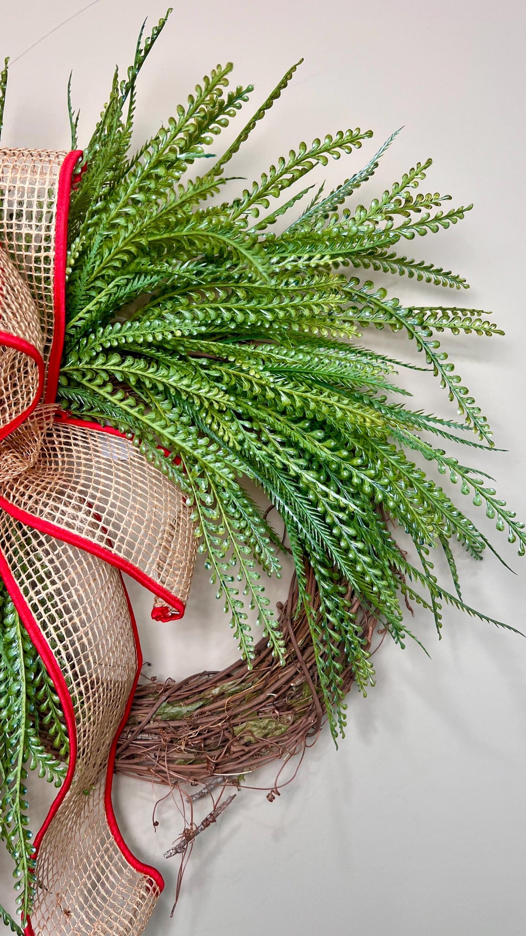 Beaded Grass Christmas Wreath with Open Weave Burlap Bow with Red Fabric Edging. Simplicity at it’s best for the holidays! Farmhouse Decor