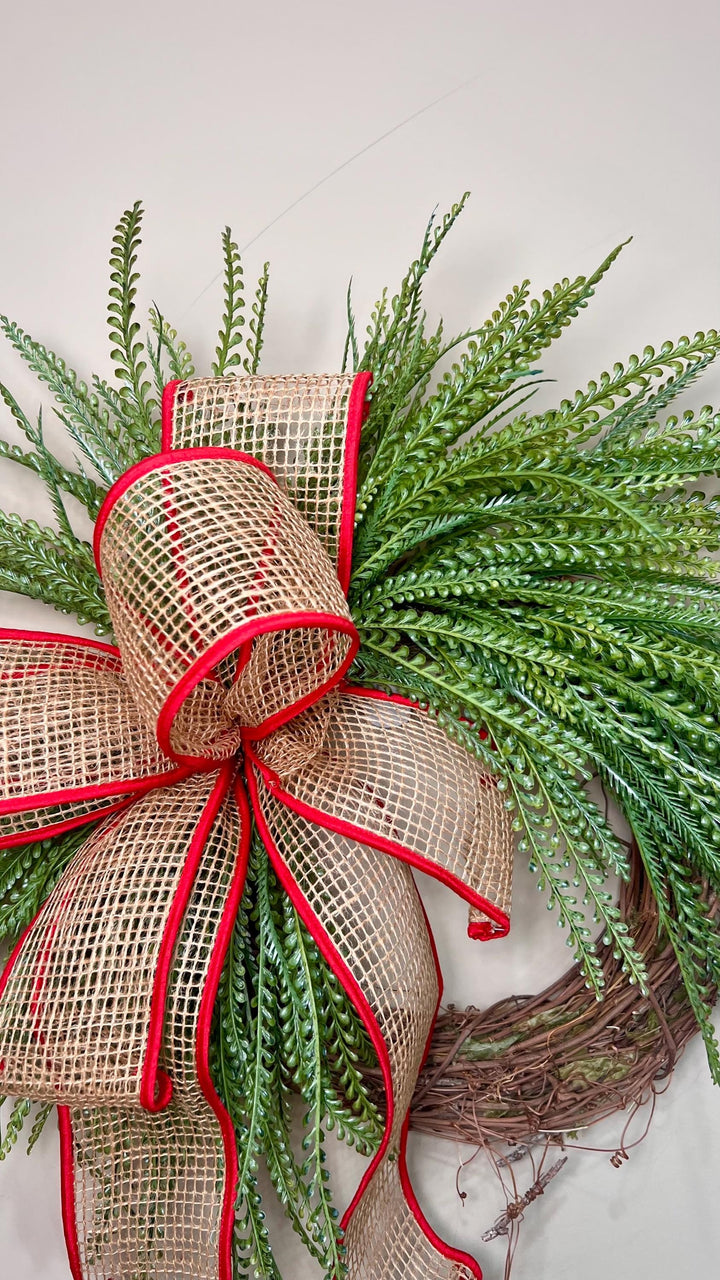 Beaded Grass Christmas Wreath with Open Weave Burlap Bow with Red Fabric Edging. Simplicity at it’s best for the holidays! Farmhouse Decor