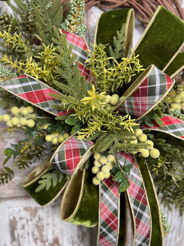 Greenery Christmas Wreath with Plaid and Velvet Bows, Rustic Holiday Wreath for Front Door, Winter Farmhouse Wreath, Evergreen Decor