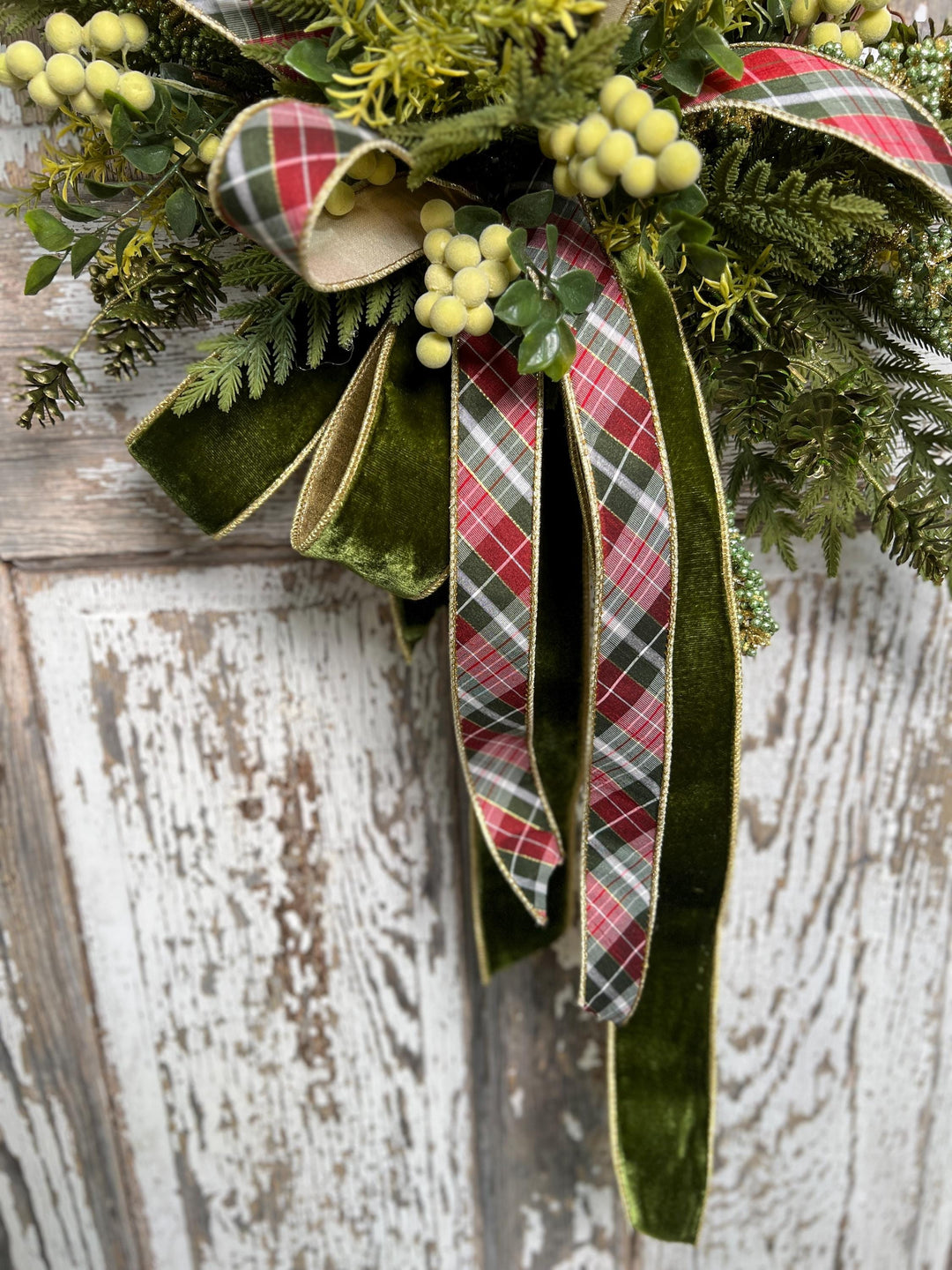 Greenery Christmas Wreath with Plaid and Velvet Bows, Rustic Holiday Wreath for Front Door, Winter Farmhouse Wreath, Evergreen Decor