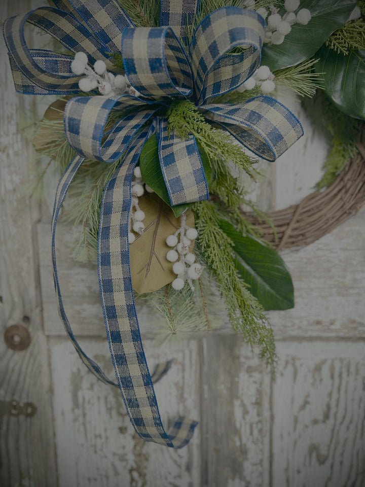 Rustic Winter Wreath with Navy Plaid Bow, Magnolia Leaf and Pine Christmas Wreath, Holiday Front Door Decor, Handmade Evergreen Wreath