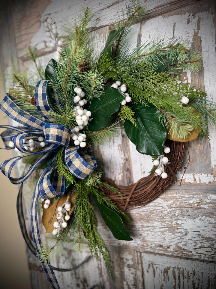 Rustic Winter Wreath with Navy Plaid Bow, Magnolia Leaf and Pine Christmas Wreath, Holiday Front Door Decor, Handmade Evergreen Wreath