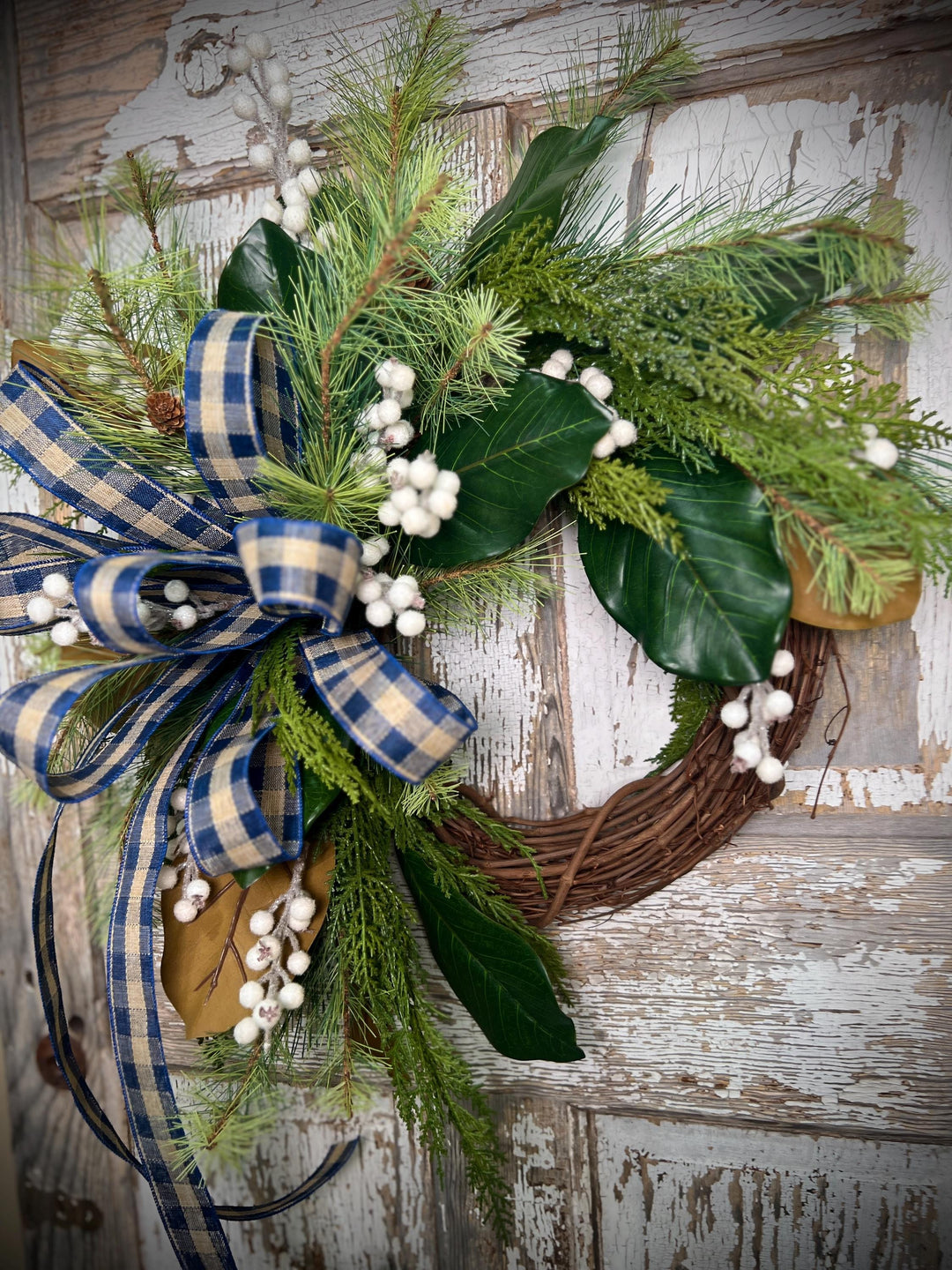 Rustic Winter Wreath with Navy Plaid Bow, Magnolia Leaf and Pine Christmas Wreath, Holiday Front Door Decor, Handmade Evergreen Wreath