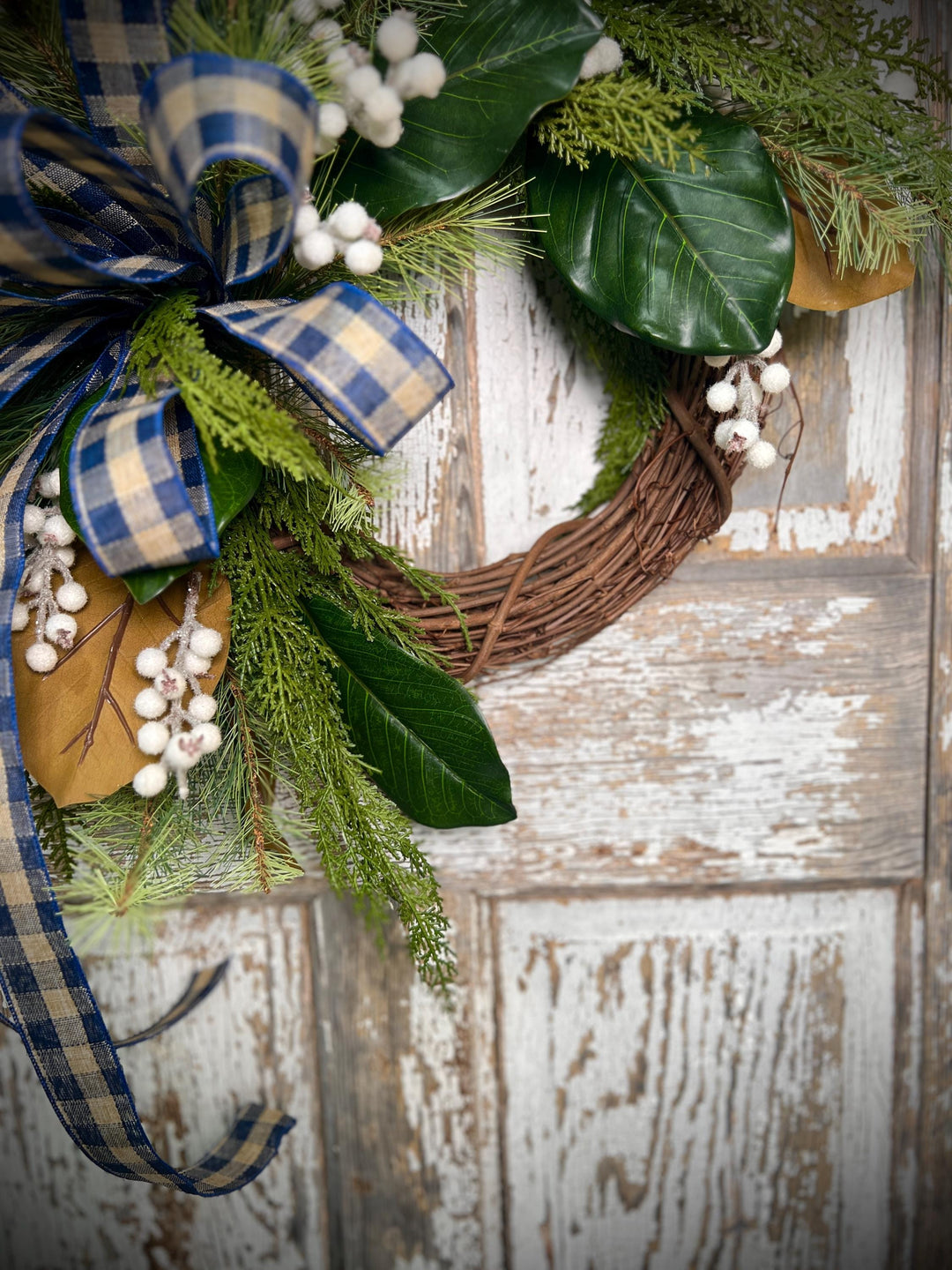 Rustic Winter Wreath with Navy Plaid Bow, Magnolia Leaf and Pine Christmas Wreath, Holiday Front Door Decor, Handmade Evergreen Wreath