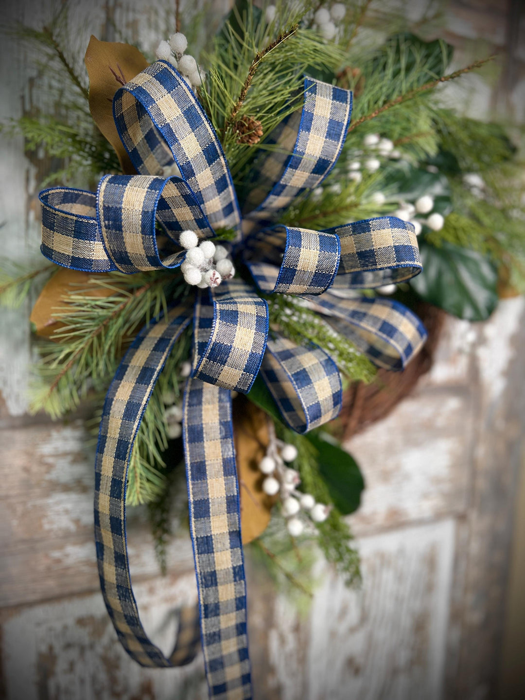 Rustic Winter Wreath with Navy Plaid Bow, Magnolia Leaf and Pine Christmas Wreath, Holiday Front Door Decor, Handmade Evergreen Wreath