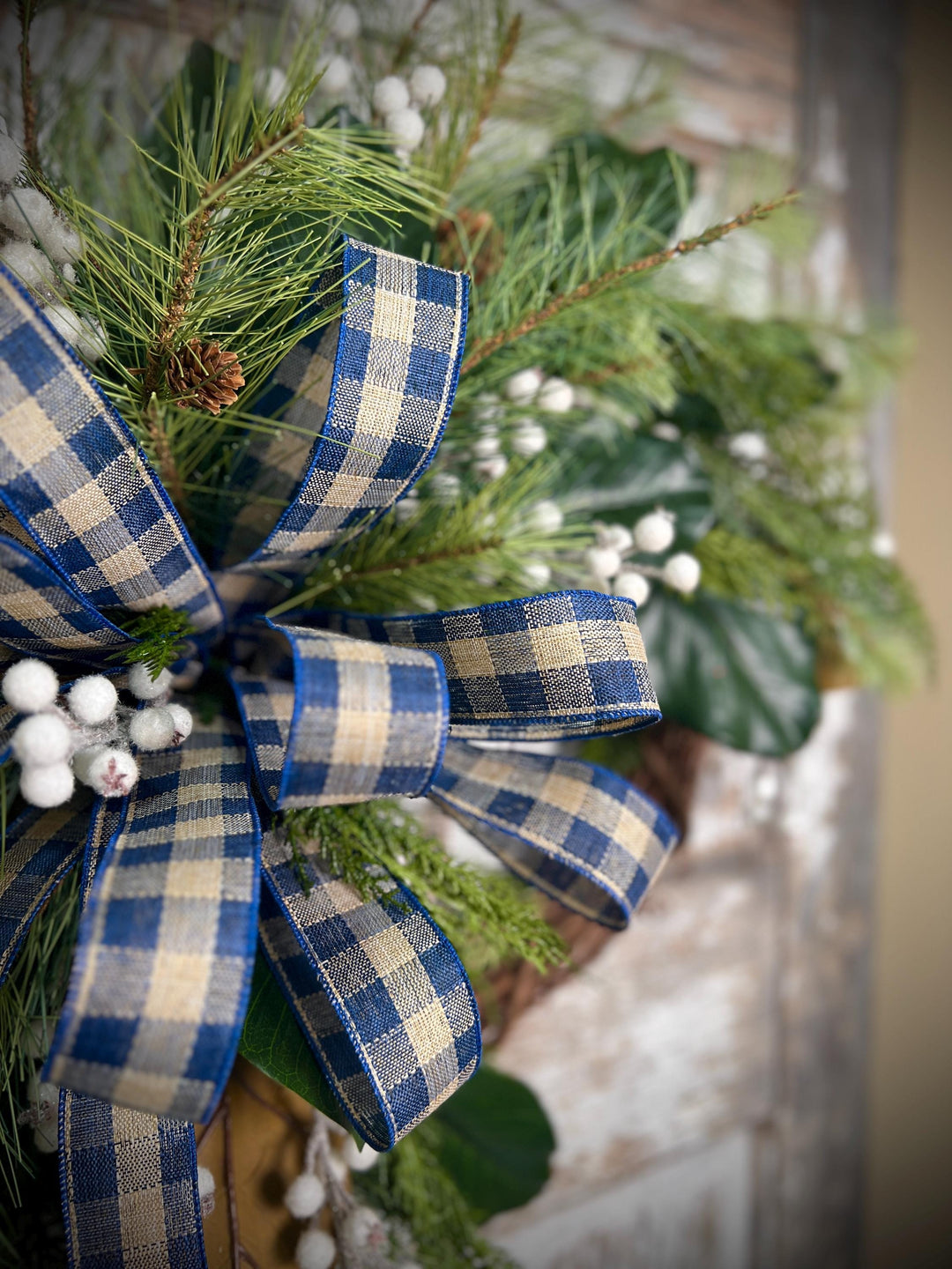 Rustic Winter Wreath with Navy Plaid Bow, Magnolia Leaf and Pine Christmas Wreath, Holiday Front Door Decor, Handmade Evergreen Wreath