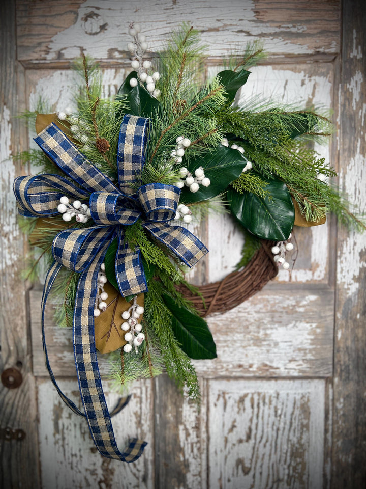 Rustic Winter Wreath with Navy Plaid Bow, Magnolia Leaf and Pine Christmas Wreath, Holiday Front Door Decor, Handmade Evergreen Wreath