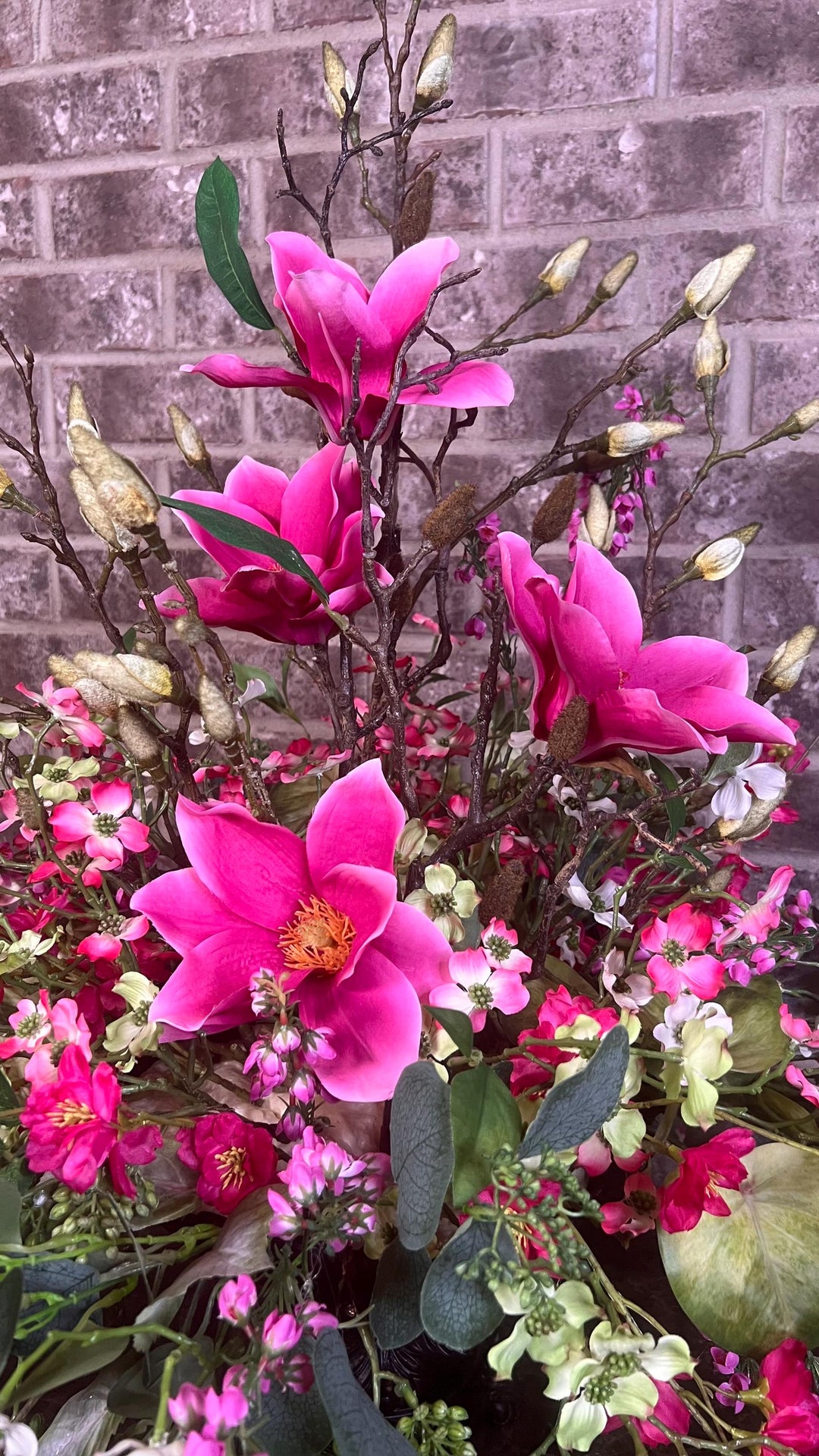 Lovely Dough Bowl Arrangement - Peonies and Magnolias and Berries - Nature Inspired beauty with vibrant Pink foliage for your home decor.