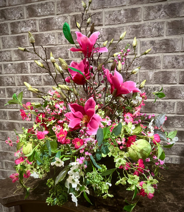Lovely Dough Bowl Arrangement - Peonies and Magnolias and Berries - Nature Inspired beauty with vibrant Pink foliage for your home decor.