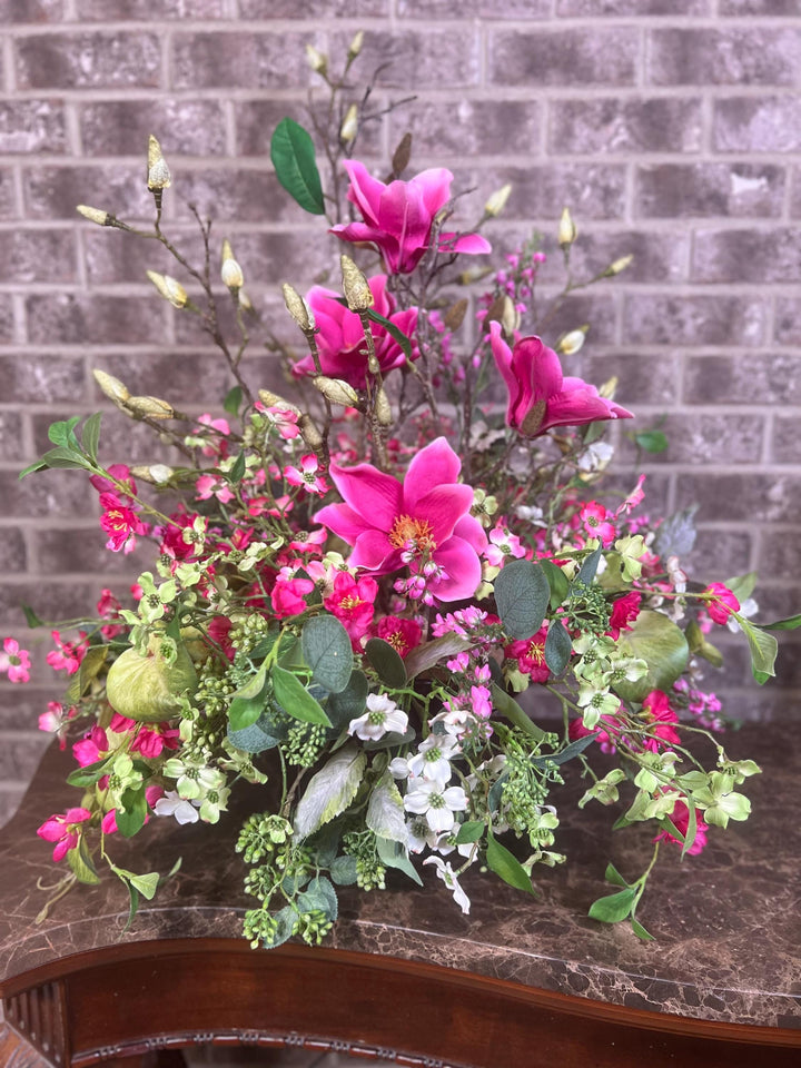 Lovely Dough Bowl Arrangement - Peonies and Magnolias and Berries - Nature Inspired beauty with vibrant Pink foliage for your home decor.