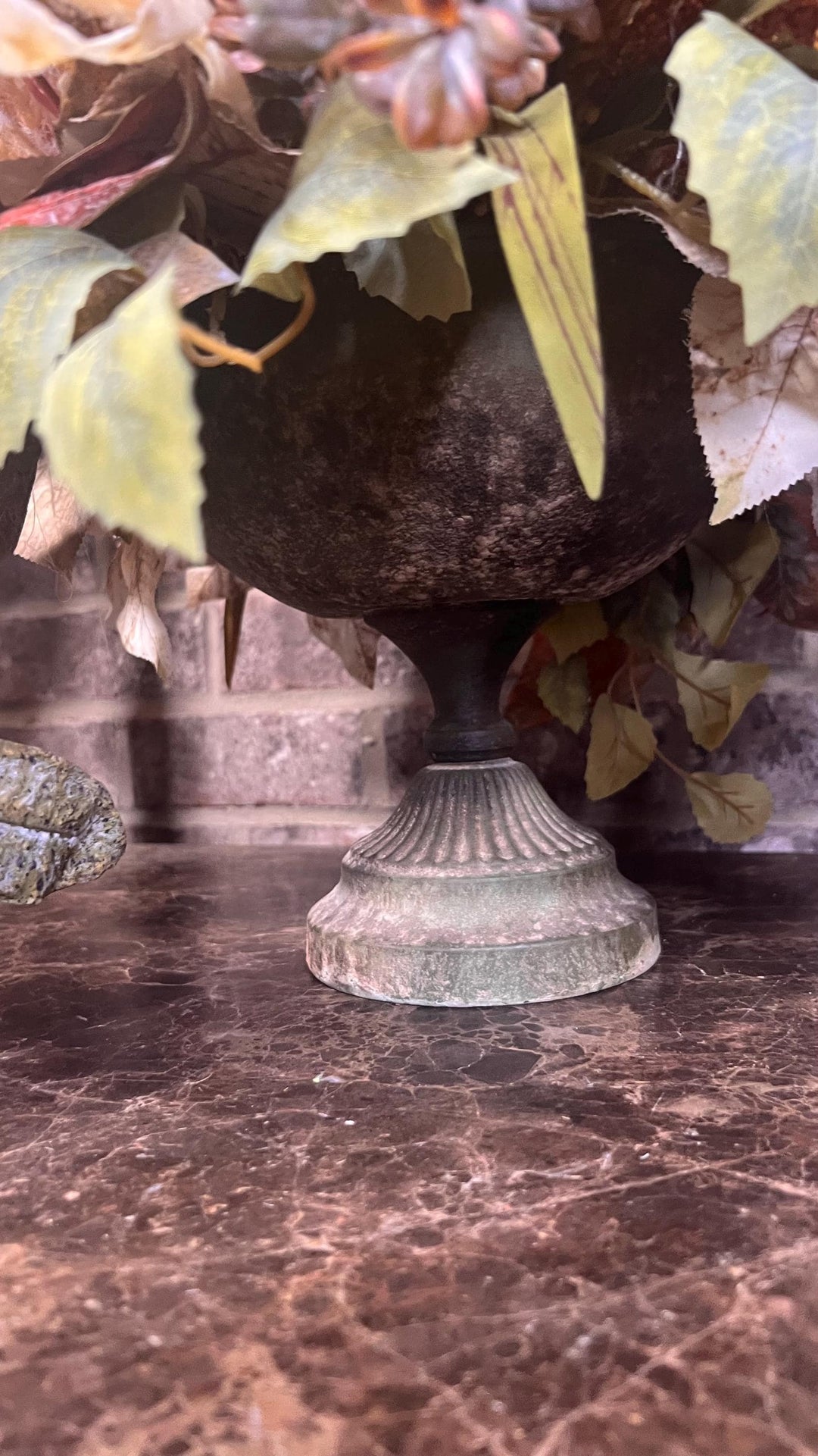Fall Dried Ranunculus Pumpkin Arrangement - Speckled Arailia Leaf with White pumpkin - Lush Fall Foliage with wheat and pearl cream pumpkin.