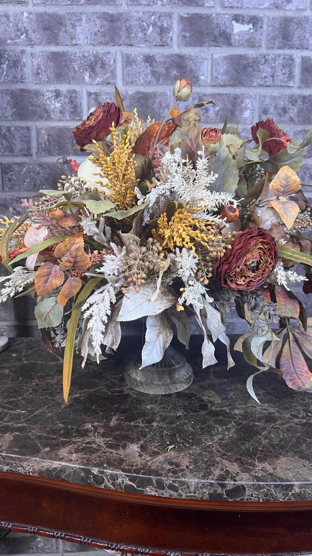 Fall Dried Ranunculus Pumpkin Arrangement - Speckled Arailia Leaf with White pumpkin - Lush Fall Foliage with wheat and pearl cream pumpkin.