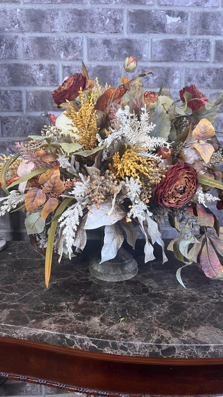Fall Dried Ranunculus Pumpkin Arrangement - Speckled Arailia Leaf with White pumpkin - Lush Fall Foliage with wheat and pearl cream pumpkin.