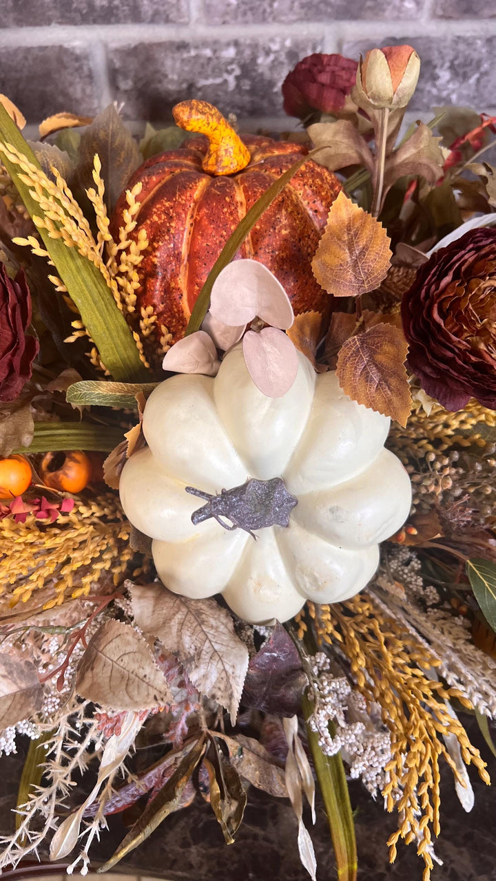 Fall Dried Ranunculus Pumpkin Arrangement - Speckled Arailia Leaf with White pumpkin - Lush Fall Foliage with wheat and pearl cream pumpkin.