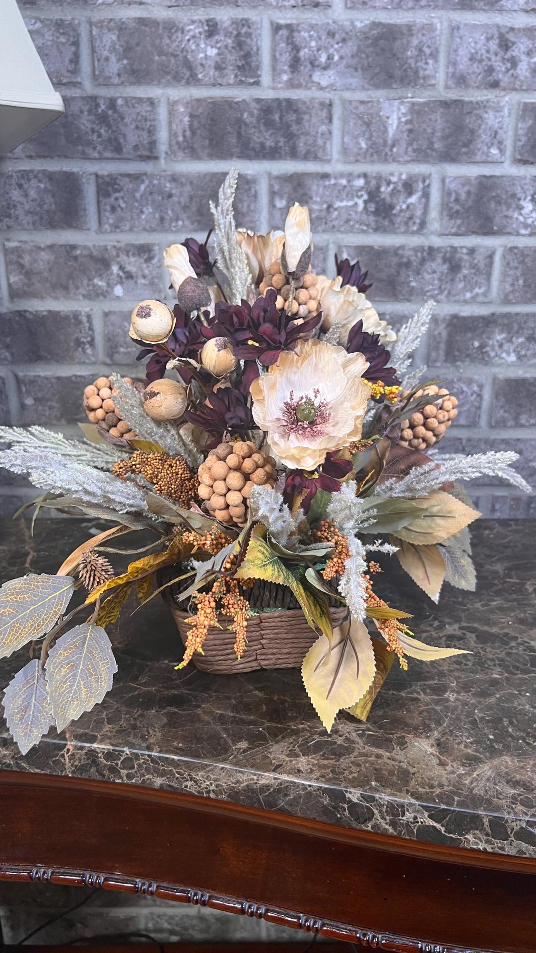 Wooven Farmhouse Basket Fall Arrangement -Heather, pods, Beech leaves, Maple leaves, taupe poppies, burgundy floral foliage and much more.