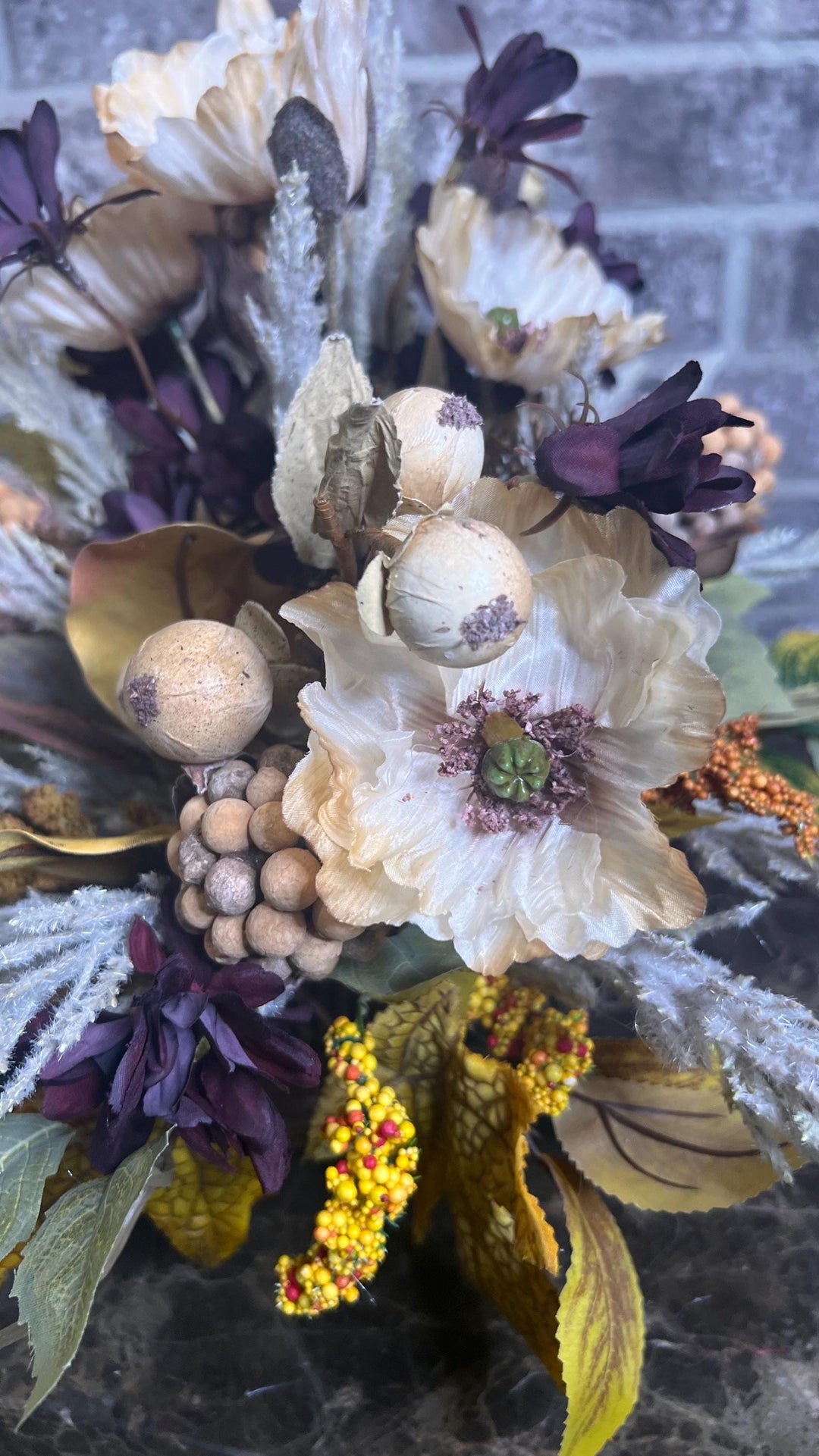 Wooven Farmhouse Basket Fall Arrangement -Heather, pods, Beech leaves, Maple leaves, taupe poppies, burgundy floral foliage and much more.