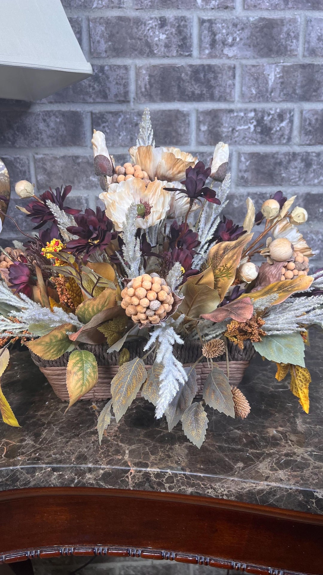 Wooven Farmhouse Basket Fall Arrangement -Heather, pods, Beech leaves, Maple leaves, taupe poppies, burgundy floral foliage and much more.