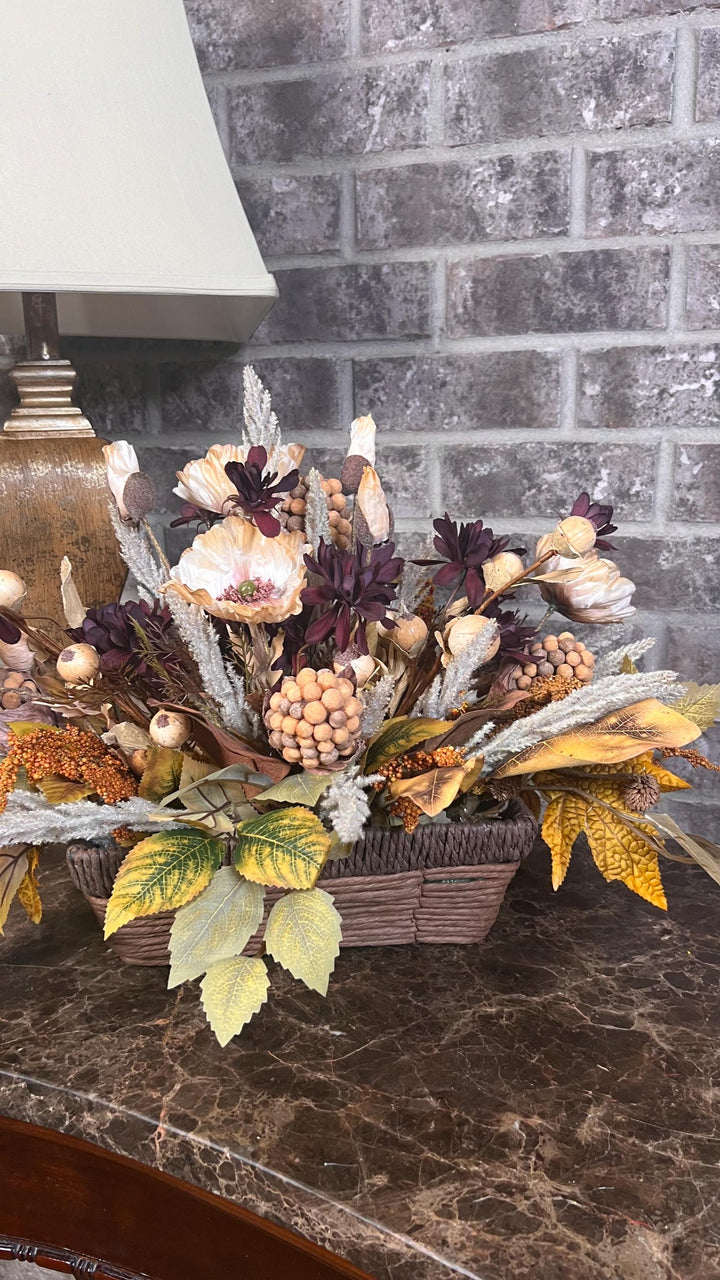 Wooven Farmhouse Basket Fall Arrangement -Heather, pods, Beech leaves, Maple leaves, taupe poppies, burgundy floral foliage and much more.
