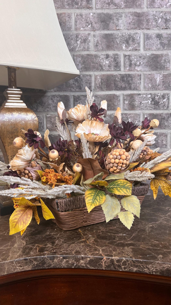 Wooven Farmhouse Basket Fall Arrangement -Heather, pods, Beech leaves, Maple leaves, taupe poppies, burgundy floral foliage and much more.