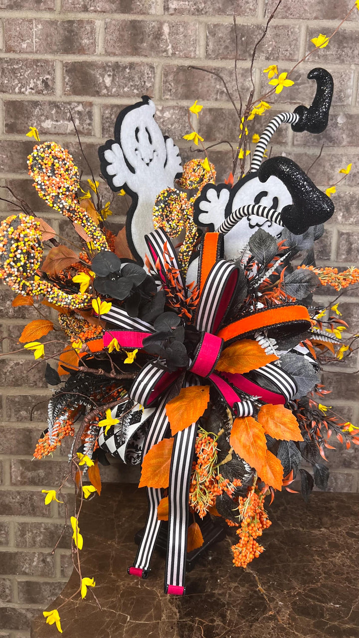Halloween Whimsical Ghost Arrangement - Halloween Decor - Ghost Centerpiece with on Candlestick arrangement - Halloween festive Ribbons