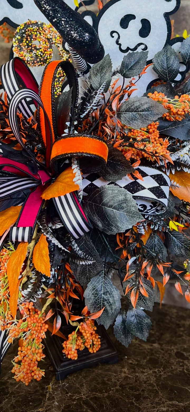 Halloween Whimsical Ghost Arrangement - Halloween Decor - Ghost Centerpiece with on Candlestick arrangement - Halloween festive Ribbons