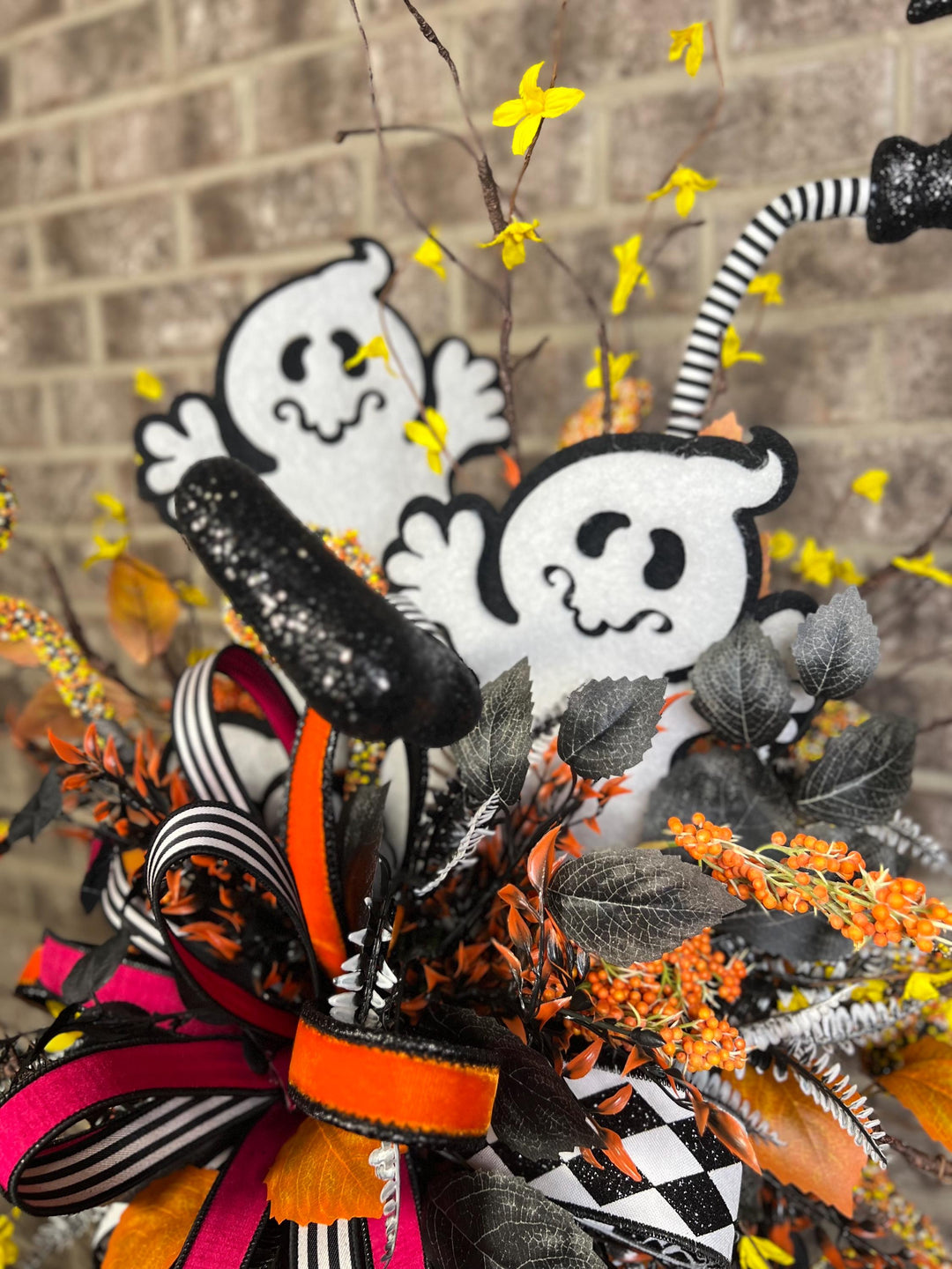 Halloween Whimsical Ghost Arrangement - Halloween Decor - Ghost Centerpiece with on Candlestick arrangement - Halloween festive Ribbons