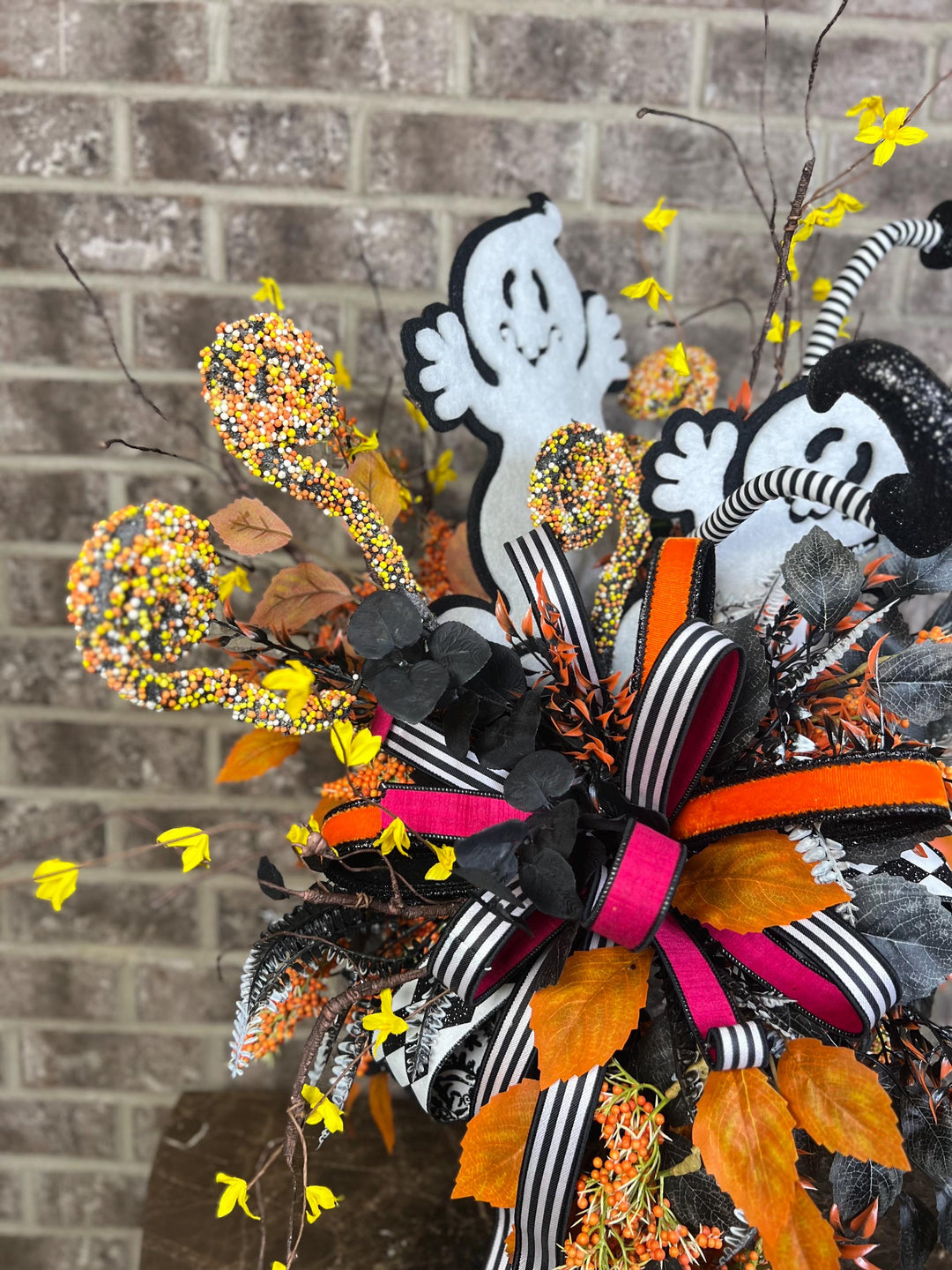 Halloween Whimsical Ghost Arrangement - Halloween Decor - Ghost Centerpiece with on Candlestick arrangement - Halloween festive Ribbons