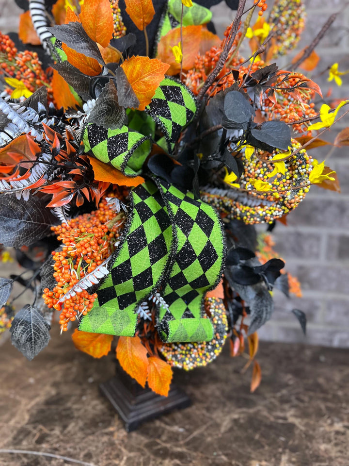 Halloween Whimsical Ghost Arrangement - Halloween Decor - Ghost Centerpiece with on Candlestick arrangement - Halloween festive Ribbons