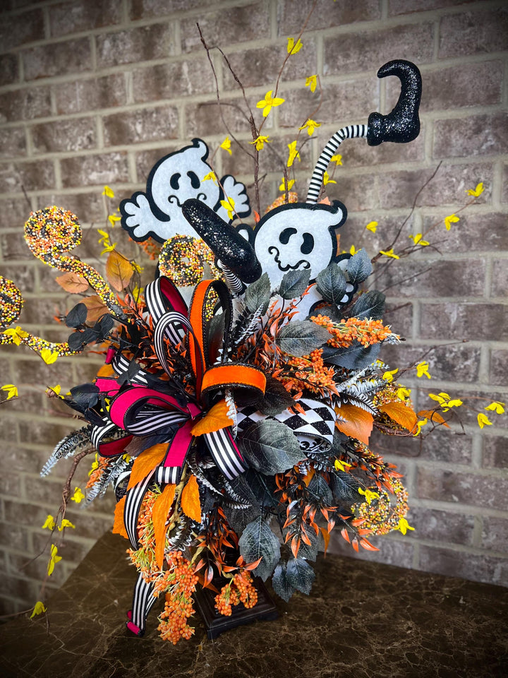 Halloween Whimsical Ghost Arrangement - Halloween Decor - Ghost Centerpiece with on Candlestick arrangement - Halloween festive Ribbons
