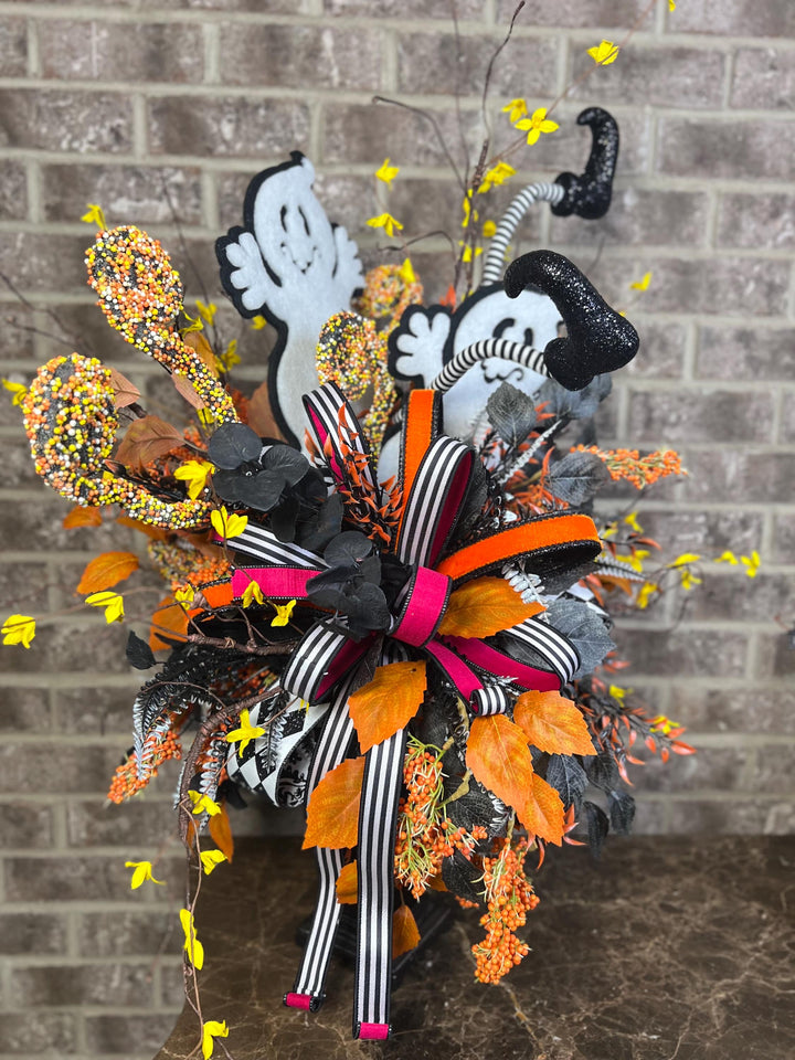 Halloween Whimsical Ghost Arrangement - Halloween Decor - Ghost Centerpiece with on Candlestick arrangement - Halloween festive Ribbons