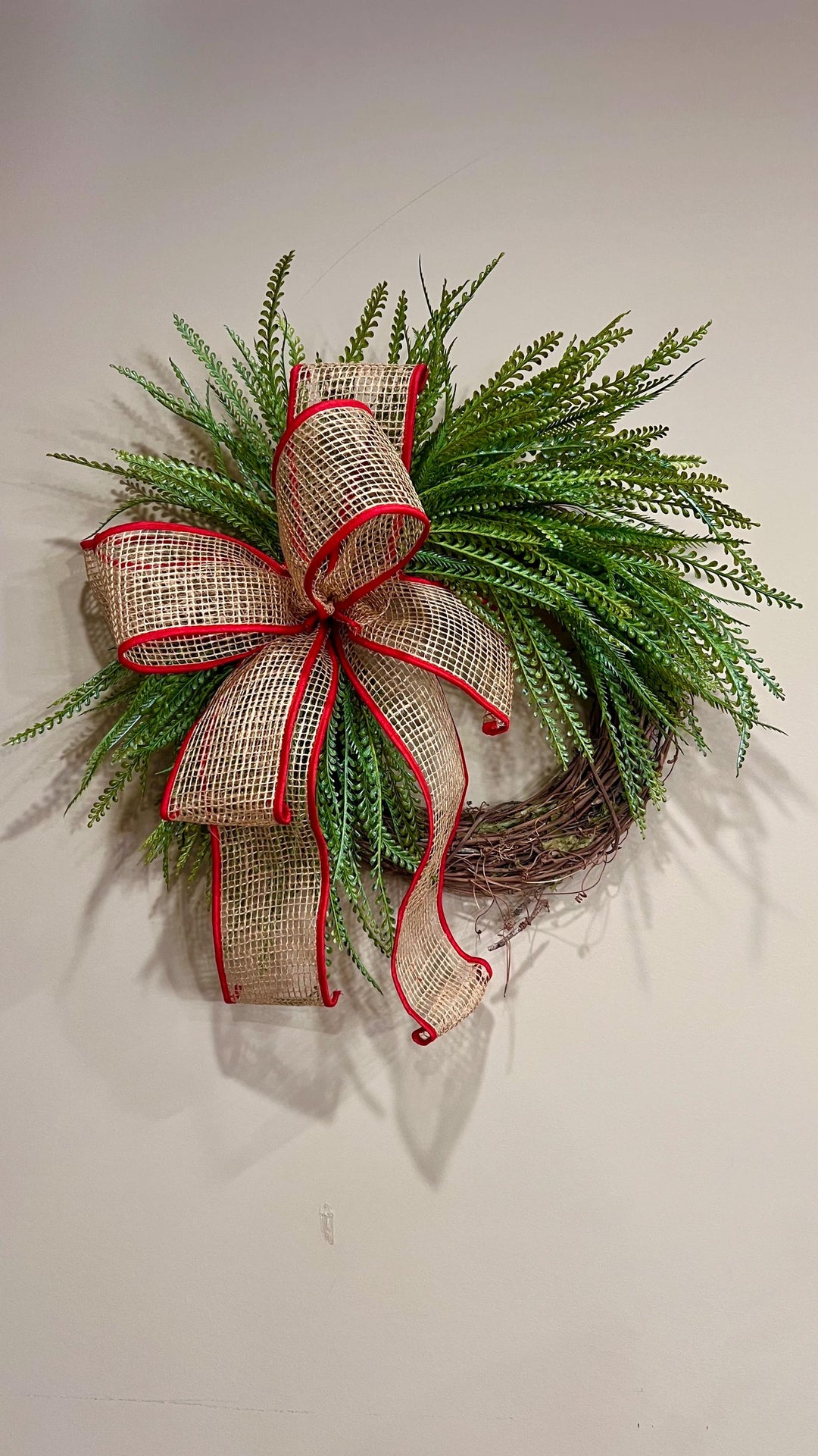 Beaded Grass Christmas Wreath with Open Weave Burlap Bow with Red Fabric Edging. Simplicity at it’s best for the holidays! Farmhouse Decor