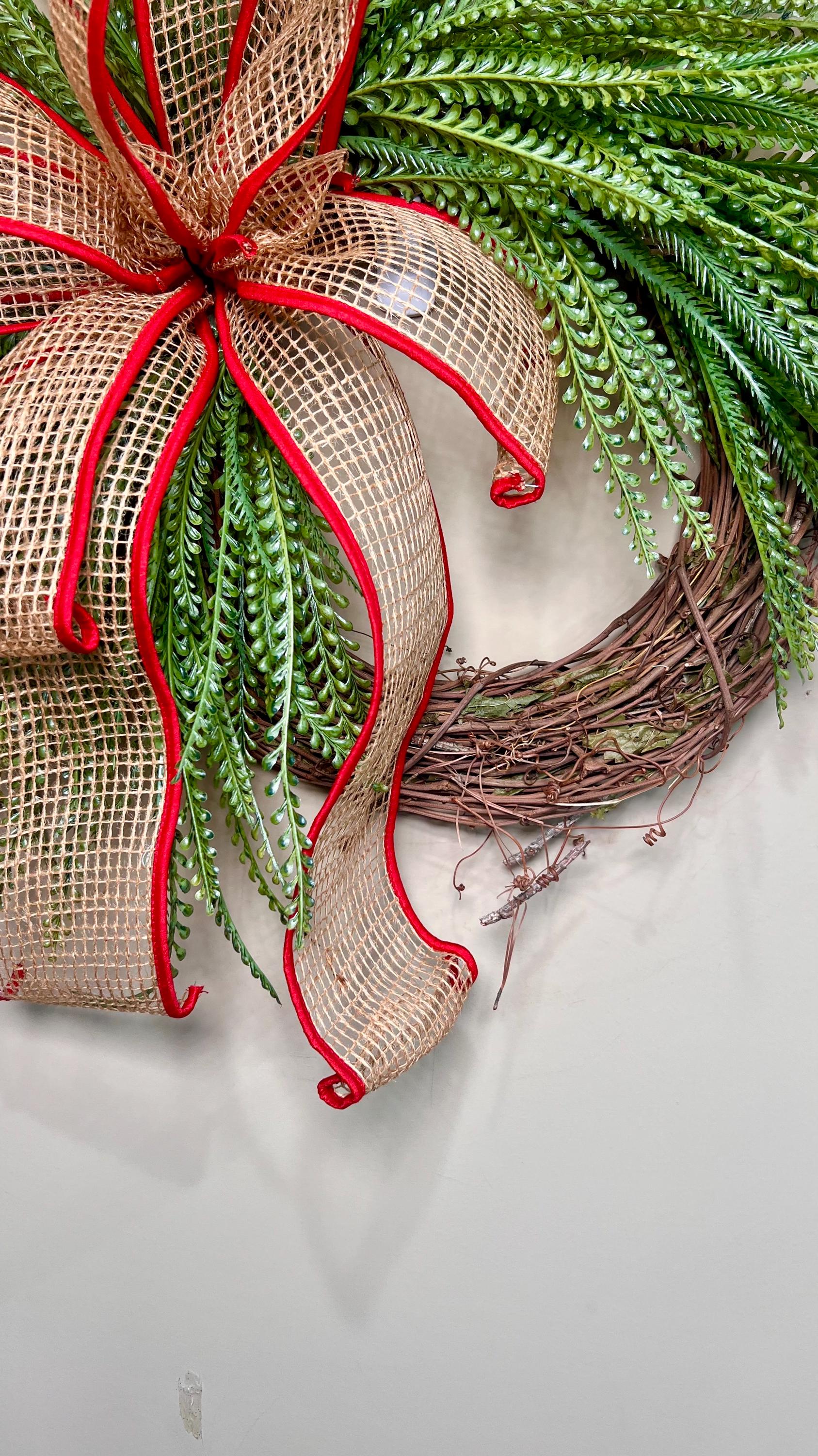 Beaded Grass Christmas Wreath with Open Weave Burlap Bow with Red