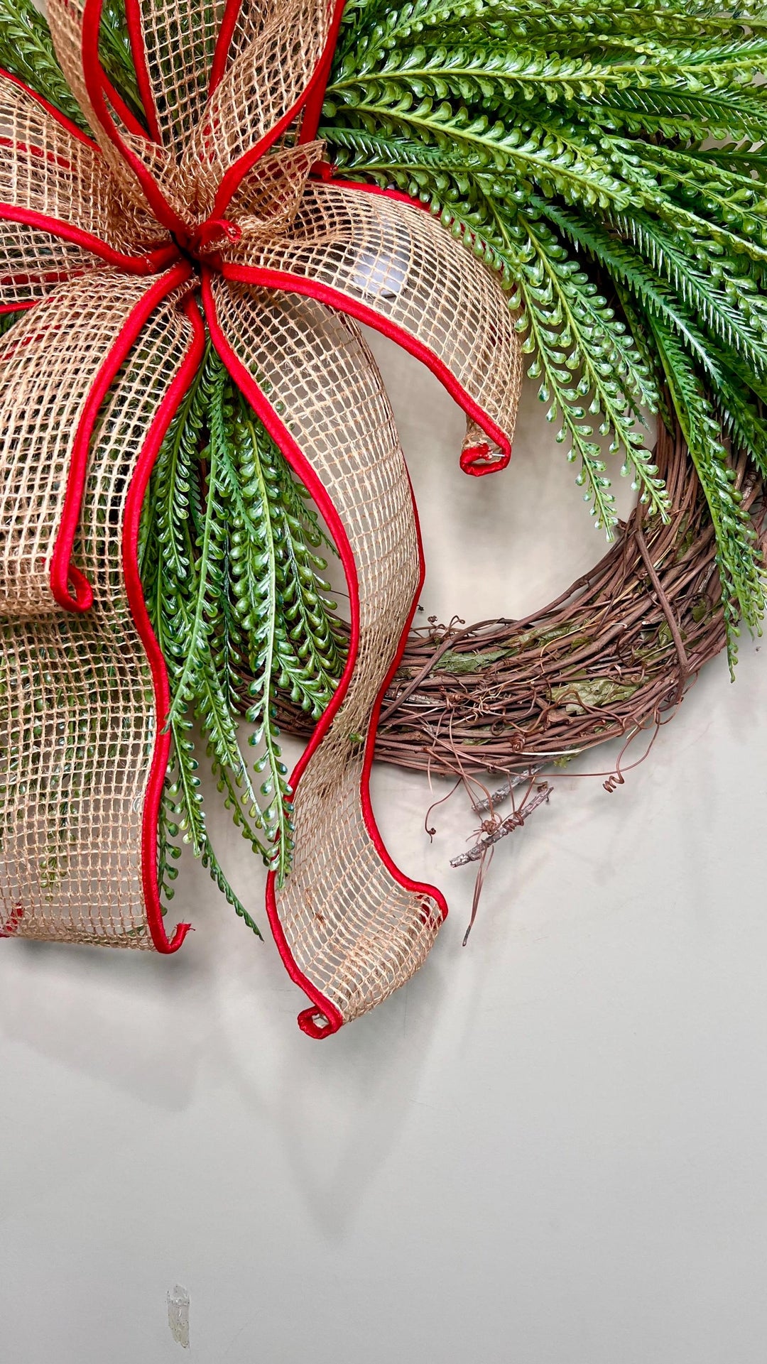 Beaded Grass Christmas Wreath with Open Weave Burlap Bow with Red Fabric Edging. Simplicity at it’s best for the holidays! Farmhouse Decor