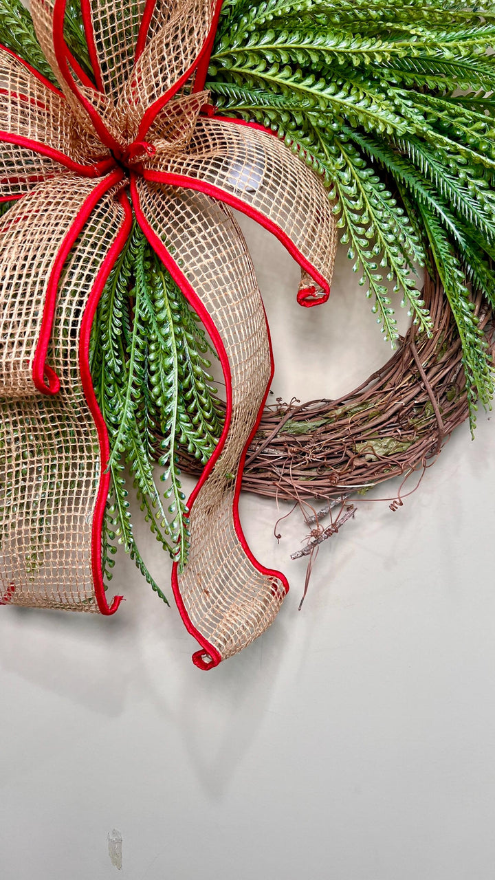 Beaded Grass Christmas Wreath with Open Weave Burlap Bow with Red Fabric Edging. Simplicity at it’s best for the holidays! Farmhouse Decor